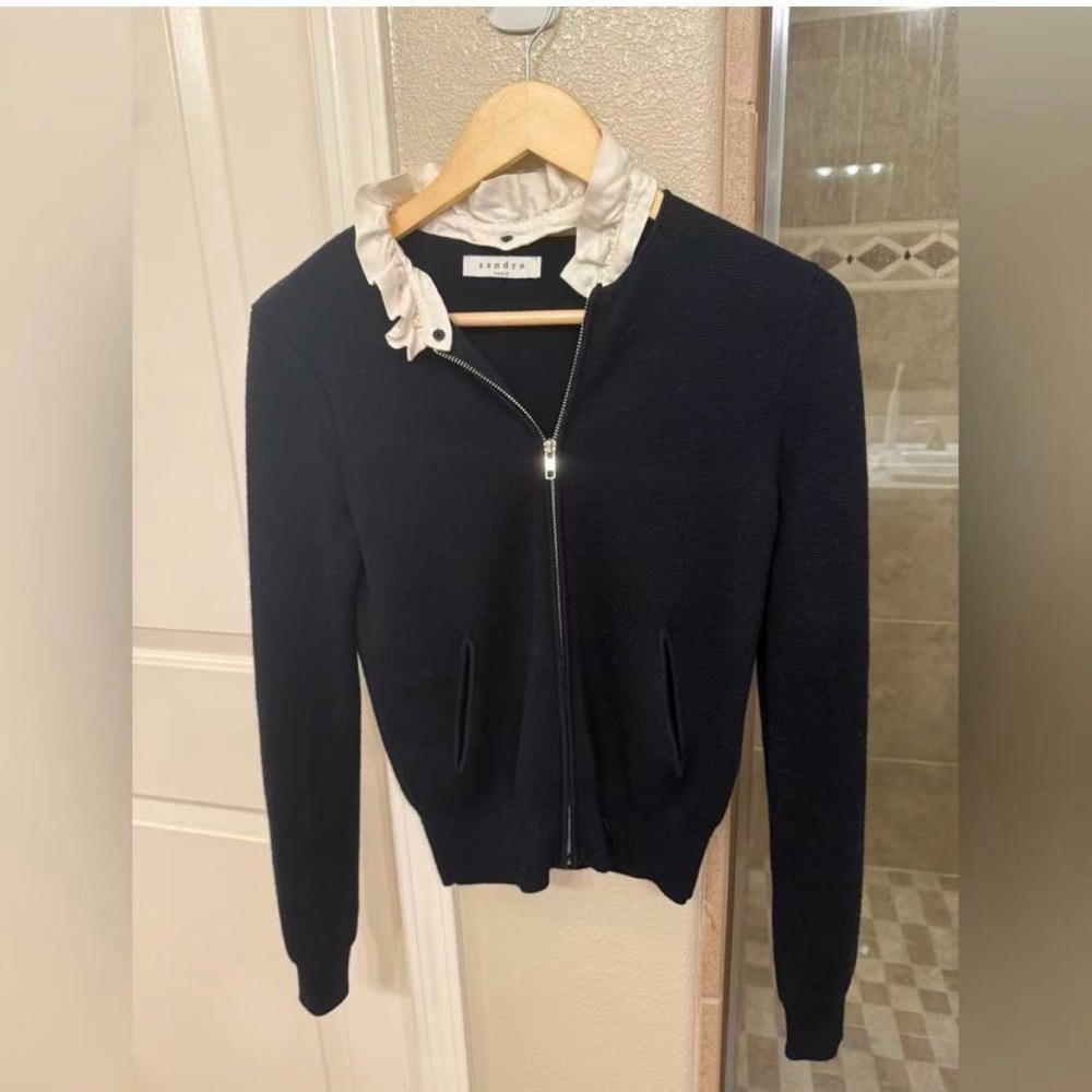 Sandro Navy Bomber Sweater with White Collar